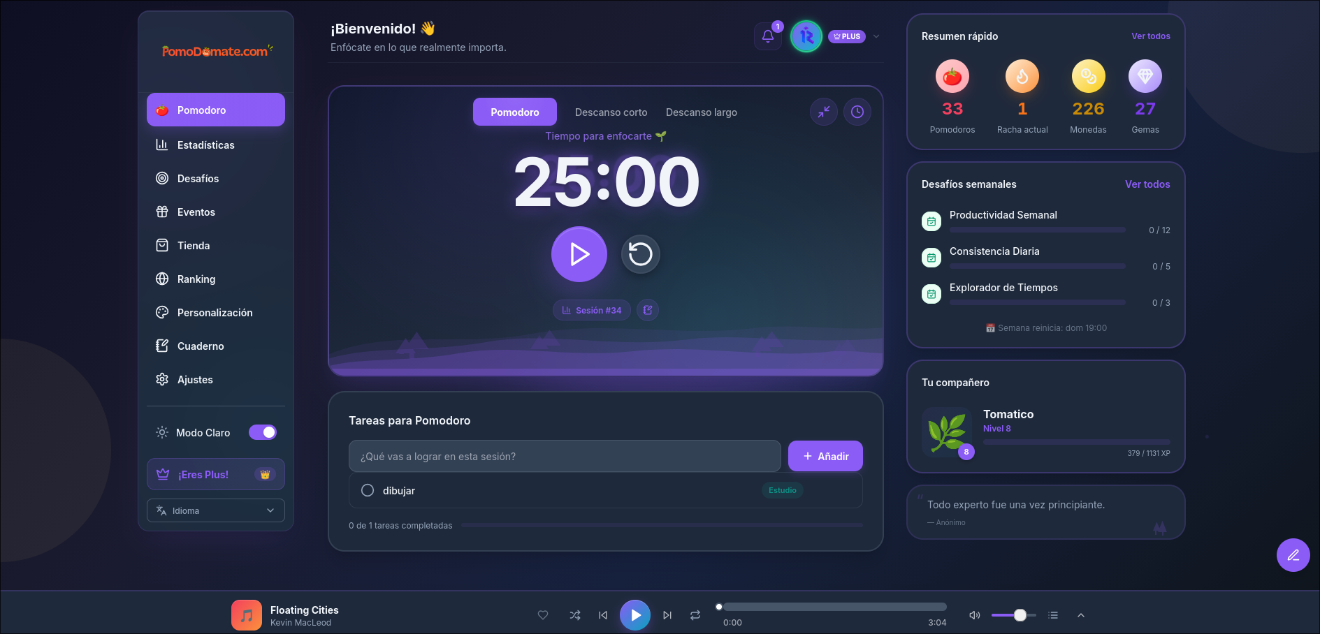 PomoDomate-3.0-Dashboard mit Timer, Aufgaben, Statistiken und Gamification