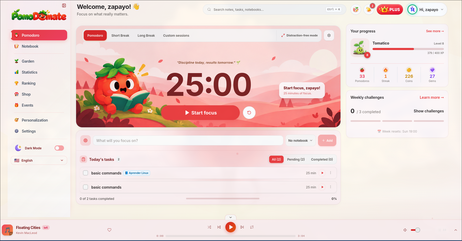 Tema terang PomoDomate dengan timer Pomodoro dan tugas fokus