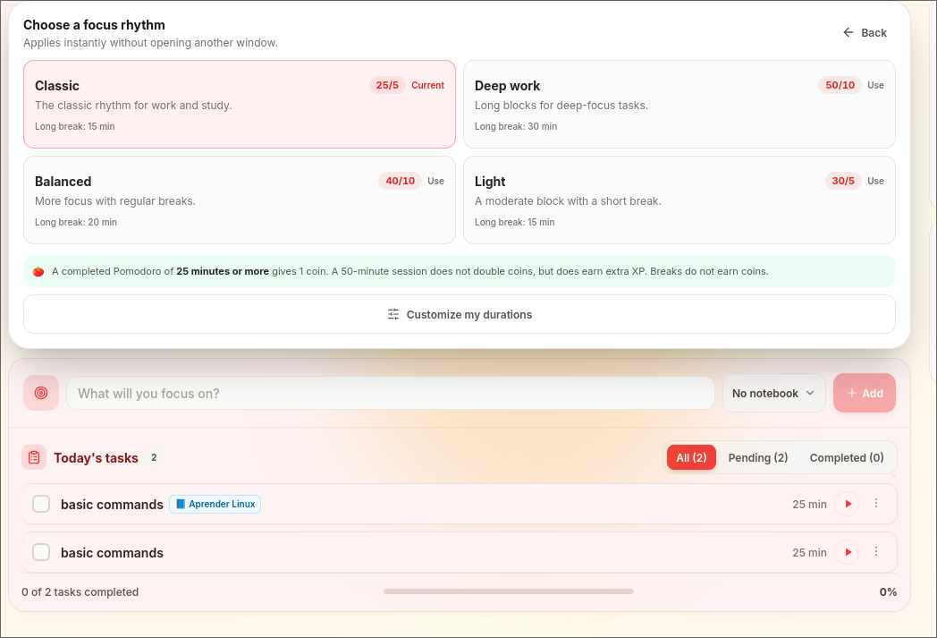 Selector de sesiones personalizadas de PomoDomate con ritmos Classic, Deep work, Balanced y Light