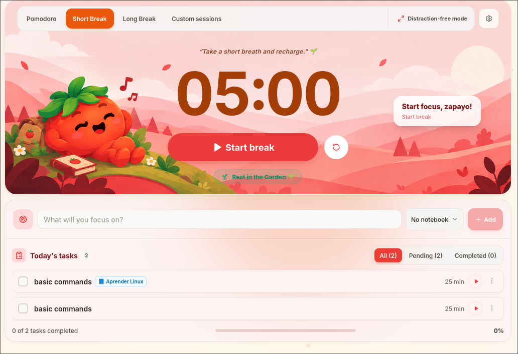 Timer de PomoDomate durante un descanso corto de 5 minutos