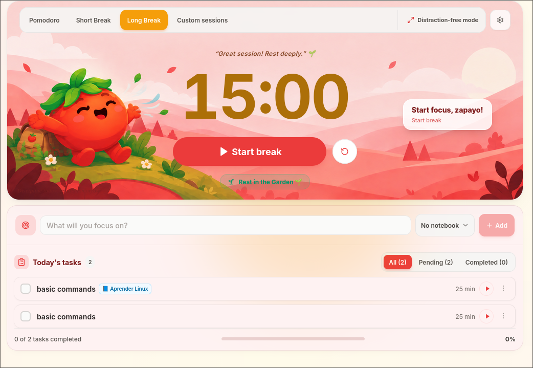 Timer de PomoDomate durante un descanso largo de 15 minutos