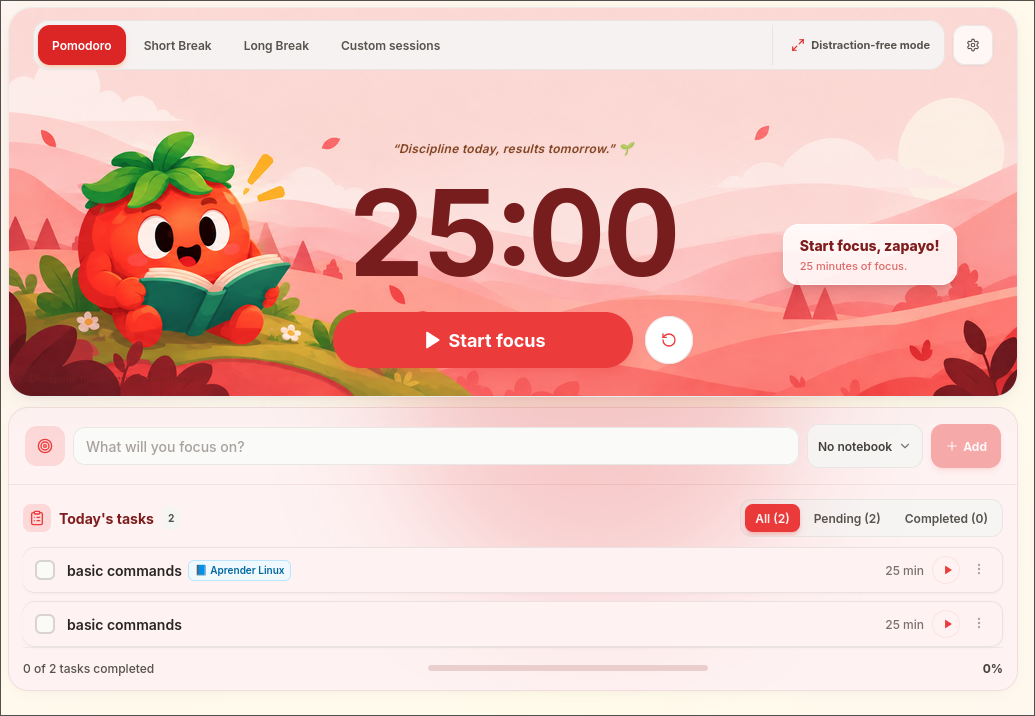 Timer Pomodoro de PomoDomate en modo de enfoque con sesión de 25 minutos