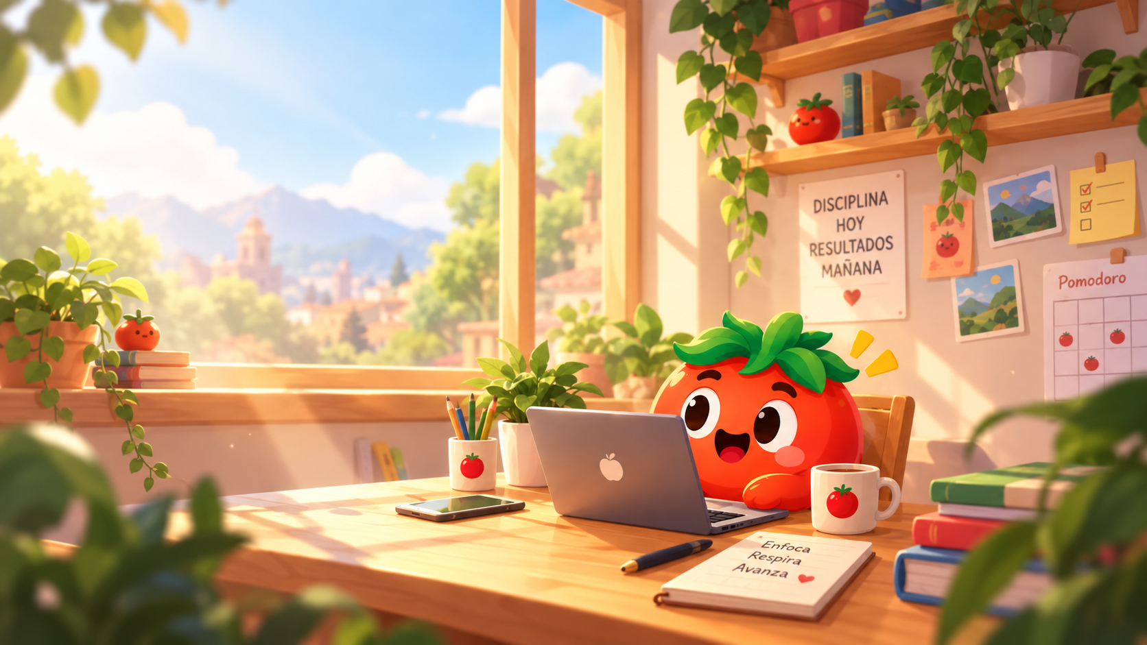 Fond d'écran d'étude Domate avec un bureau lumineux, des livres, des plantes et un ordinateur portable